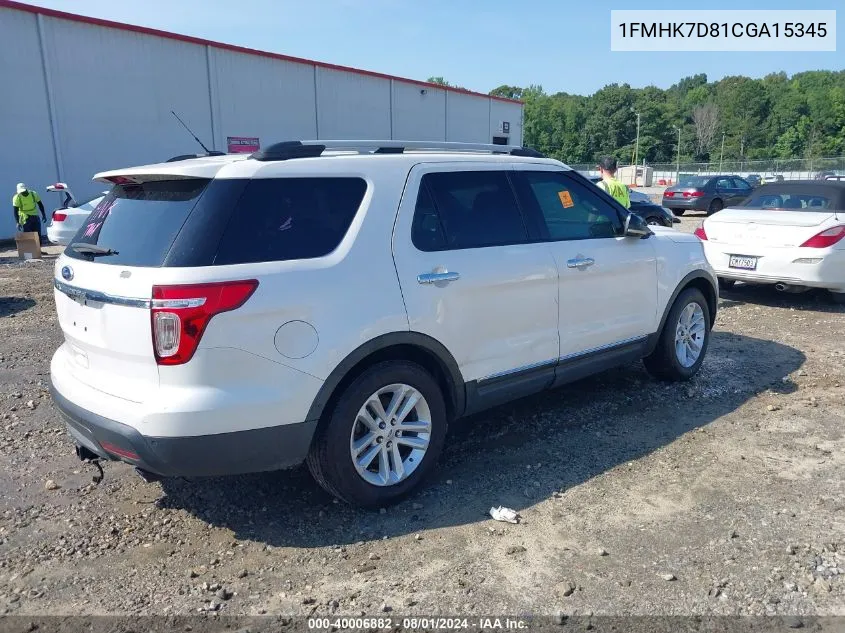 2012 Ford Explorer Xlt VIN: 1FMHK7D81CGA15345 Lot: 40006882