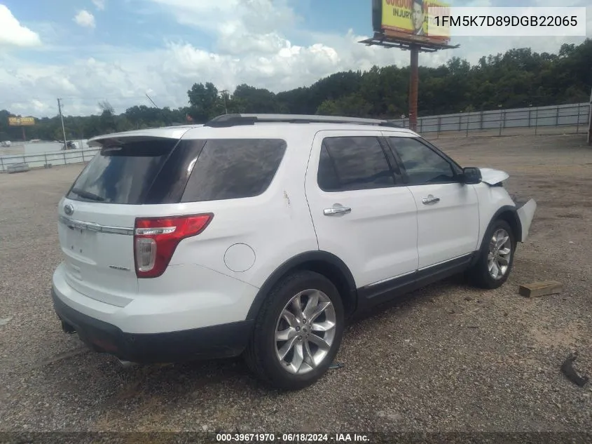 2013 Ford Explorer Xlt VIN: 1FM5K7D89DGB22065 Lot: 39671970