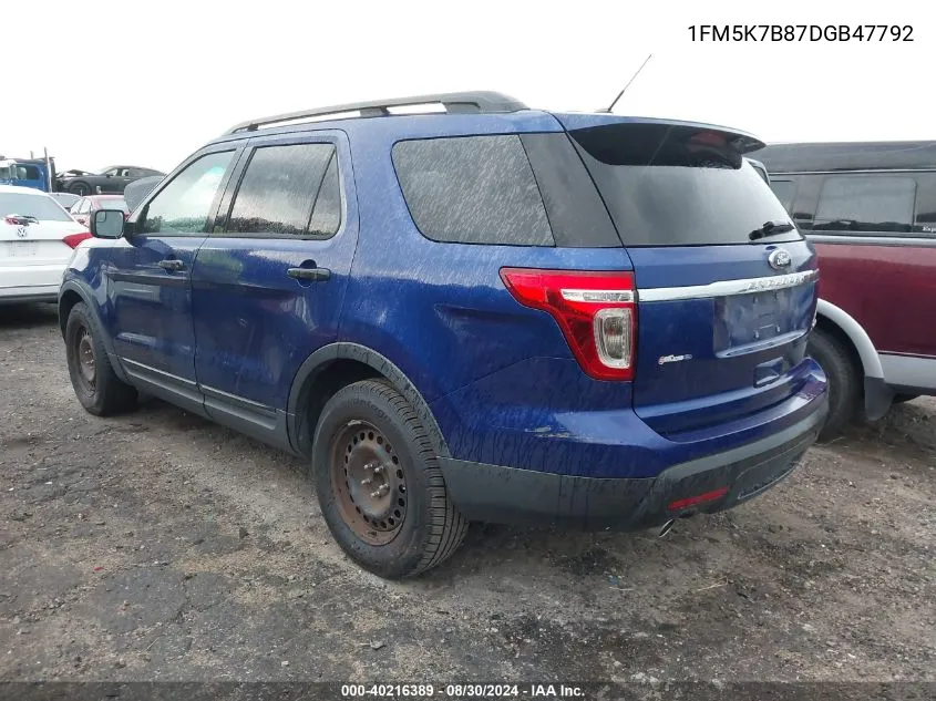 2013 Ford Explorer VIN: 1FM5K7B87DGB47792 Lot: 40216389