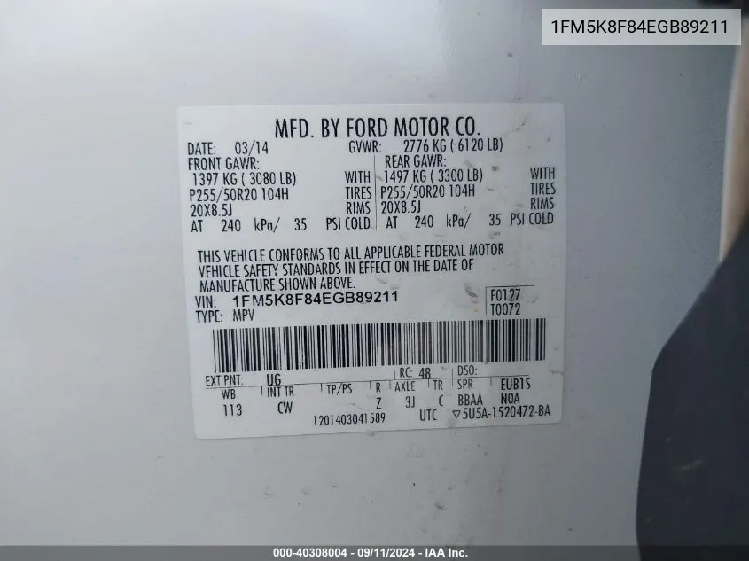 1FM5K8F84EGB89211 2014 Ford Explorer Limited