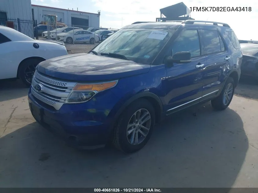 2014 Ford Explorer Xlt VIN: 1FM5K7D82EGA43418 Lot: 40651826