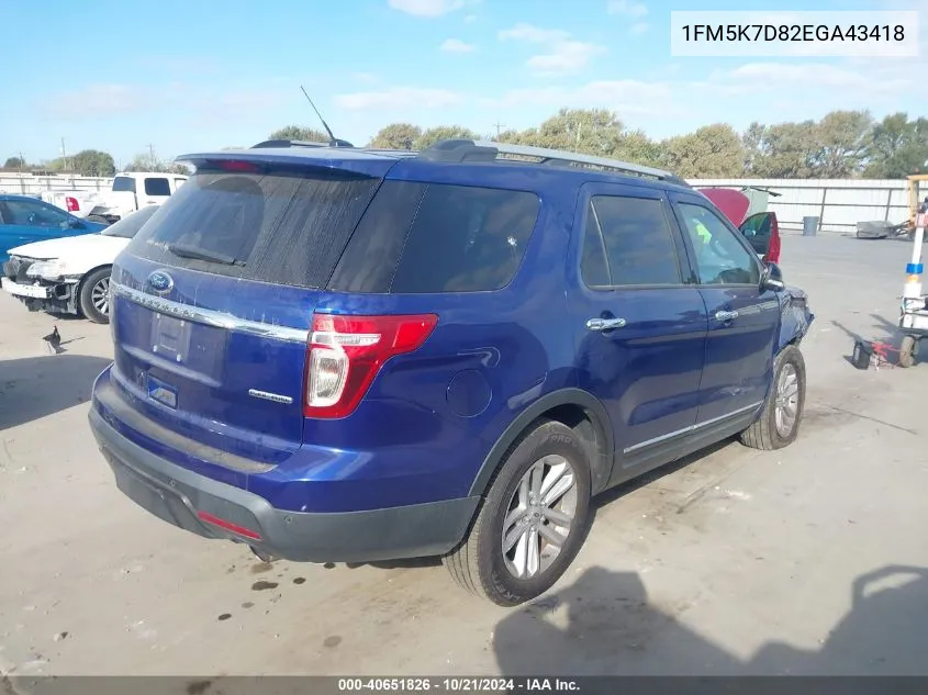 2014 Ford Explorer Xlt VIN: 1FM5K7D82EGA43418 Lot: 40651826