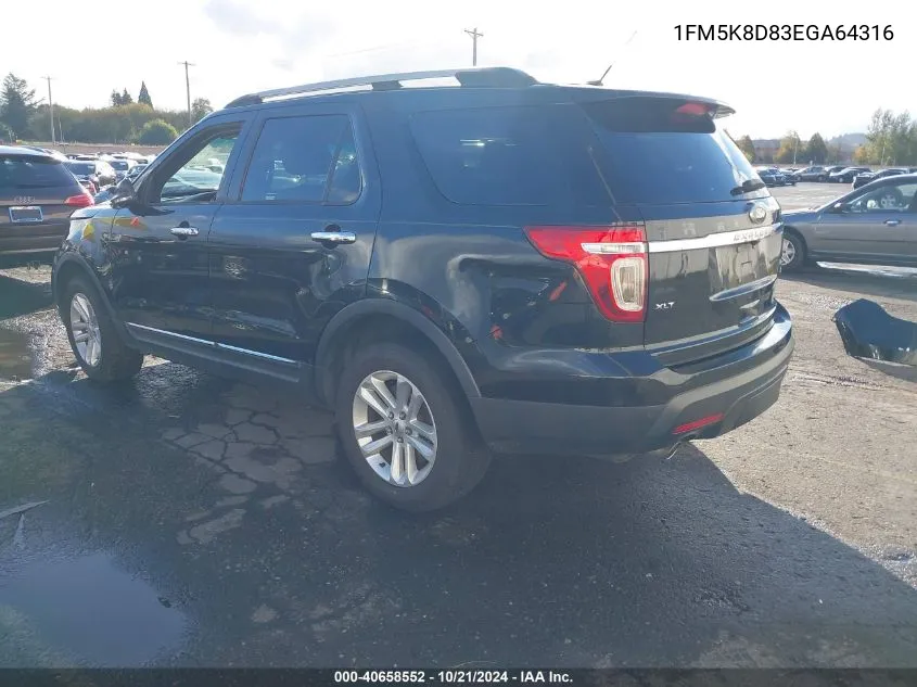 2014 Ford Explorer Xlt VIN: 1FM5K8D83EGA64316 Lot: 40658552