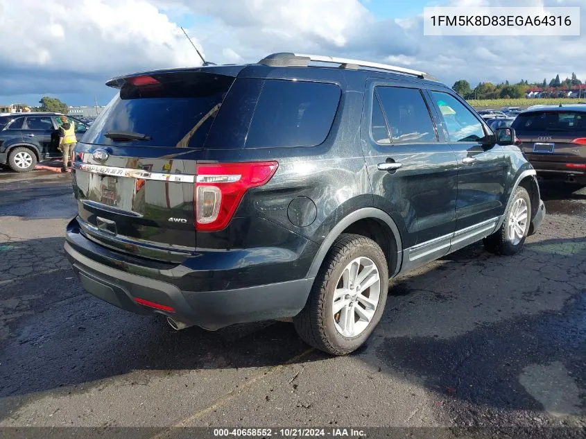 2014 Ford Explorer Xlt VIN: 1FM5K8D83EGA64316 Lot: 40658552