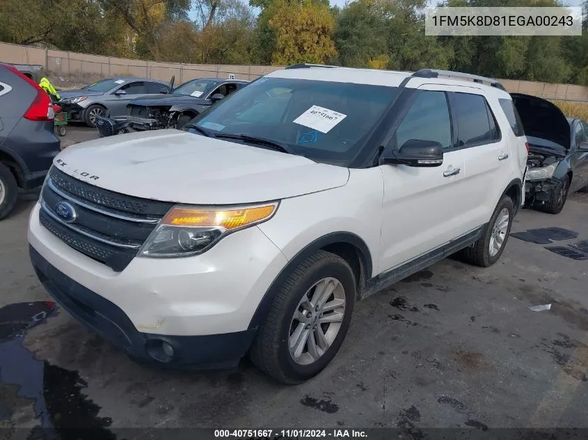 2014 Ford Explorer Xlt VIN: 1FM5K8D81EGA00243 Lot: 40751667