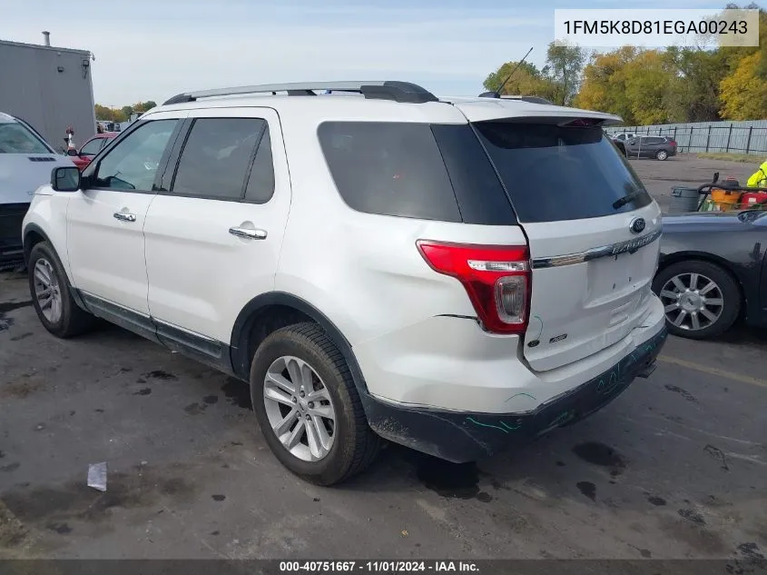 2014 Ford Explorer Xlt VIN: 1FM5K8D81EGA00243 Lot: 40751667