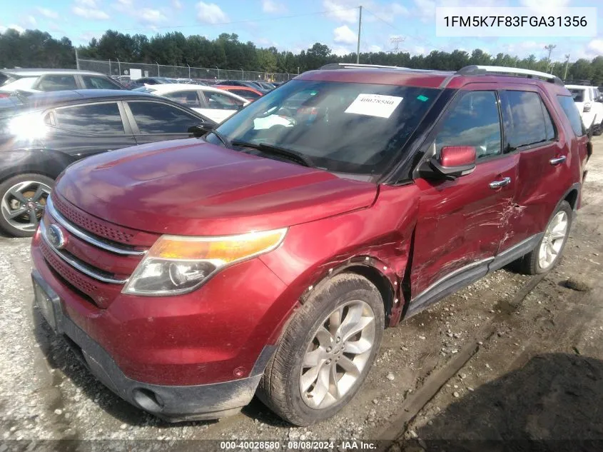 2015 Ford Explorer Limited VIN: 1FM5K7F83FGA31356 Lot: 40028580