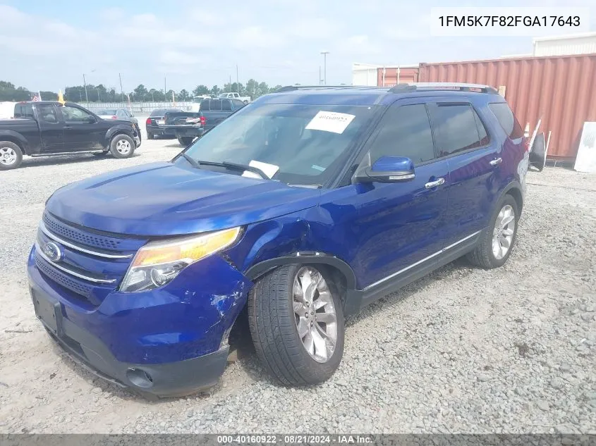 2015 Ford Explorer Limited VIN: 1FM5K7F82FGA17643 Lot: 40160922