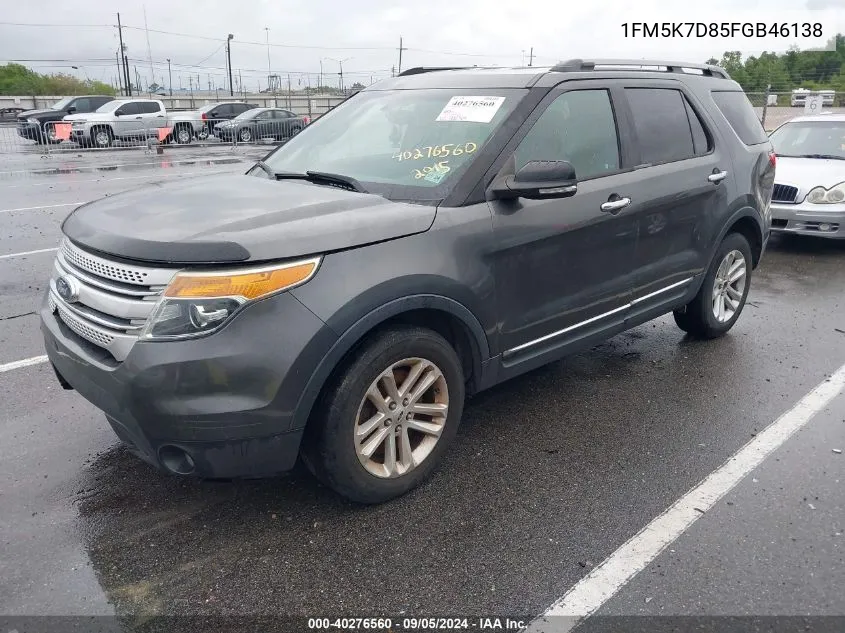 2015 Ford Explorer Xlt VIN: 1FM5K7D85FGB46138 Lot: 40276560