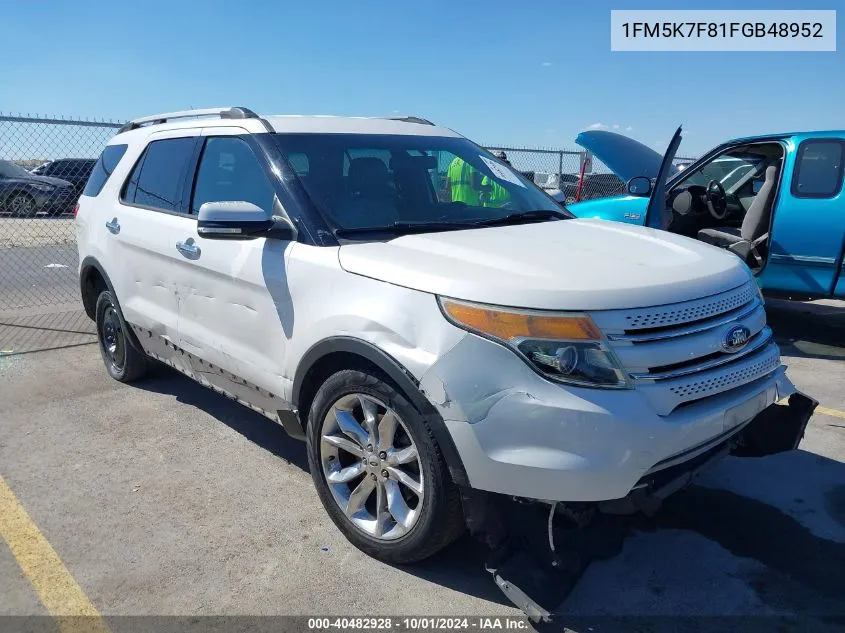 2015 Ford Explorer Limited VIN: 1FM5K7F81FGB48952 Lot: 40482928