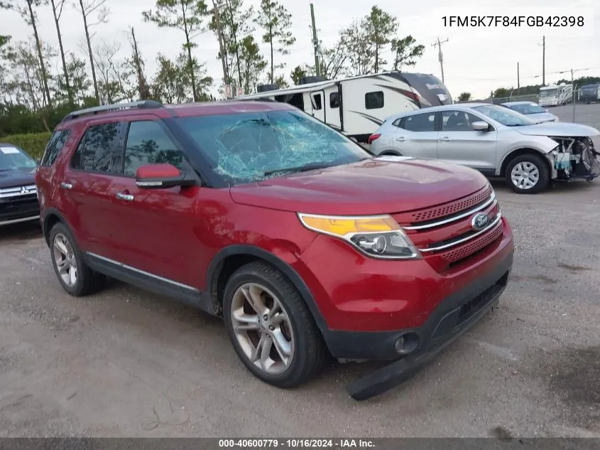 2015 Ford Explorer Limited VIN: 1FM5K7F84FGB42398 Lot: 40600779