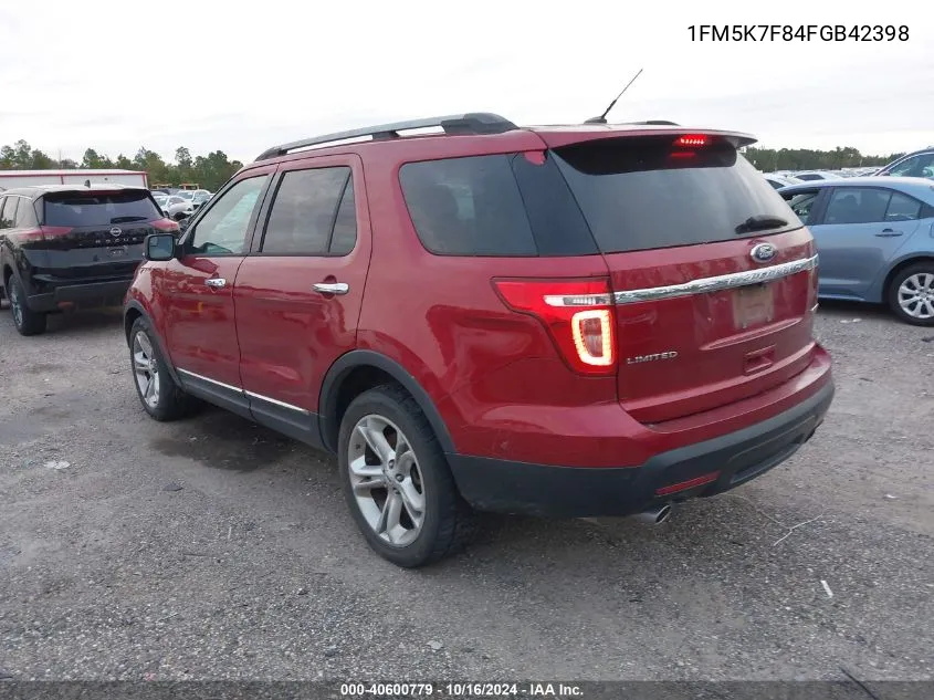 2015 Ford Explorer Limited VIN: 1FM5K7F84FGB42398 Lot: 40600779