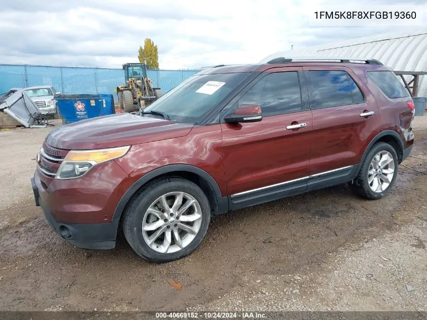 2015 Ford Explorer Limited VIN: 1FM5K8F8XFGB19360 Lot: 40669152