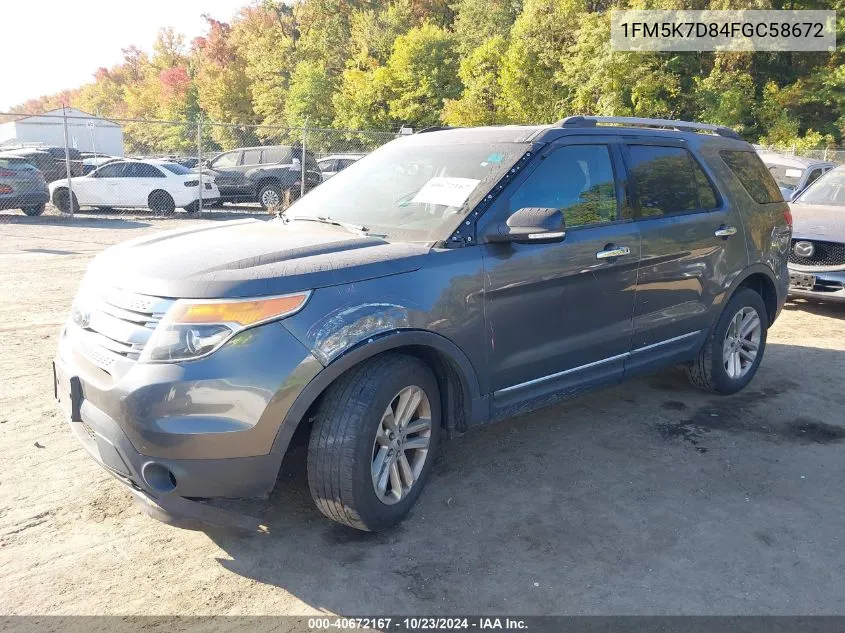 2015 Ford Explorer Xlt VIN: 1FM5K7D84FGC58672 Lot: 40672167