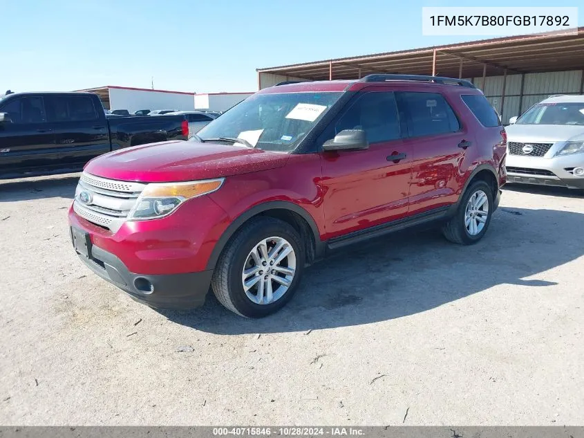 2015 Ford Explorer VIN: 1FM5K7B80FGB17892 Lot: 40715846