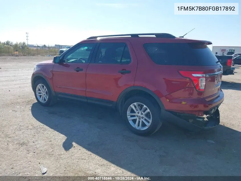 2015 Ford Explorer VIN: 1FM5K7B80FGB17892 Lot: 40715846