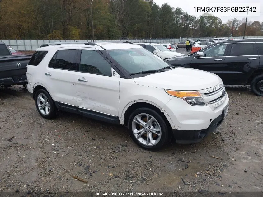 2015 Ford Explorer Limited VIN: 1FM5K7F83FGB22742 Lot: 40909008