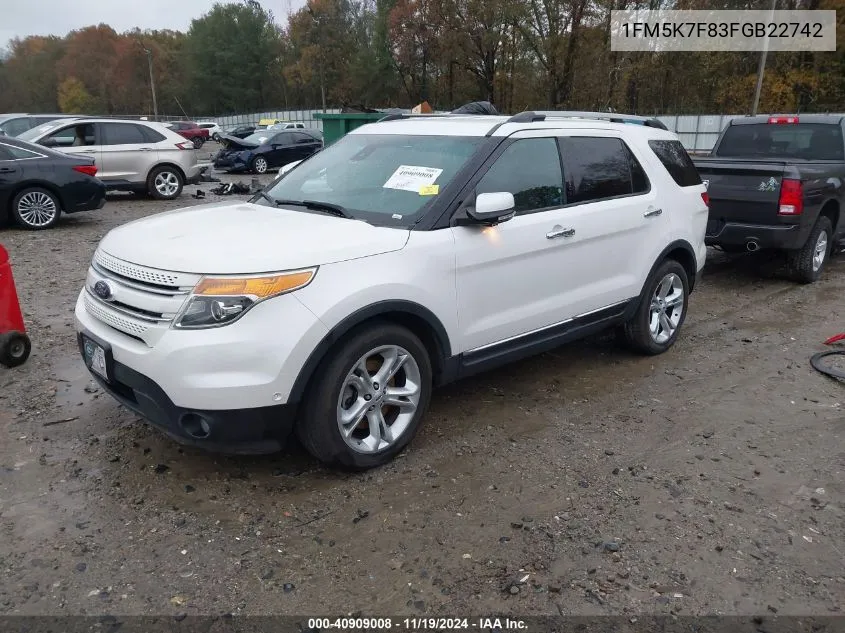 2015 Ford Explorer Limited VIN: 1FM5K7F83FGB22742 Lot: 40909008