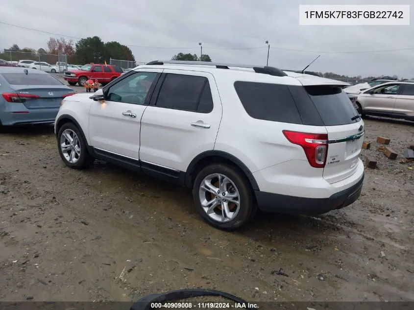 2015 Ford Explorer Limited VIN: 1FM5K7F83FGB22742 Lot: 40909008