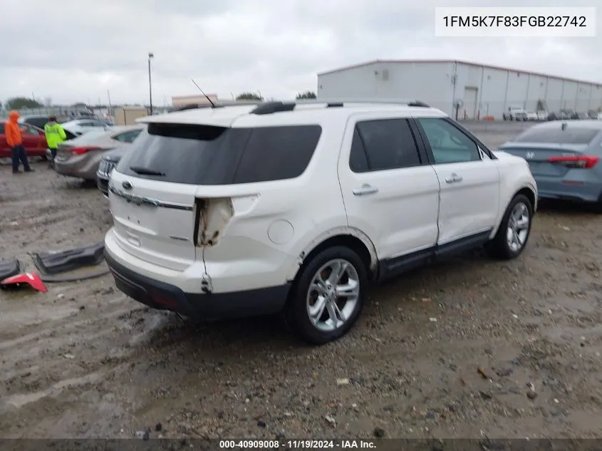 2015 Ford Explorer Limited VIN: 1FM5K7F83FGB22742 Lot: 40909008