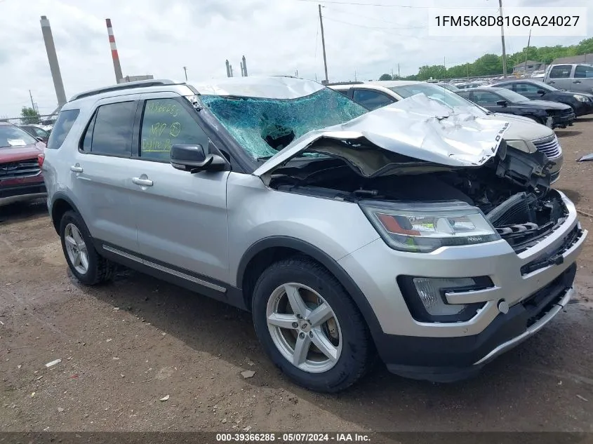 2016 Ford Explorer Xlt VIN: 1FM5K8D81GGA24027 Lot: 39366285