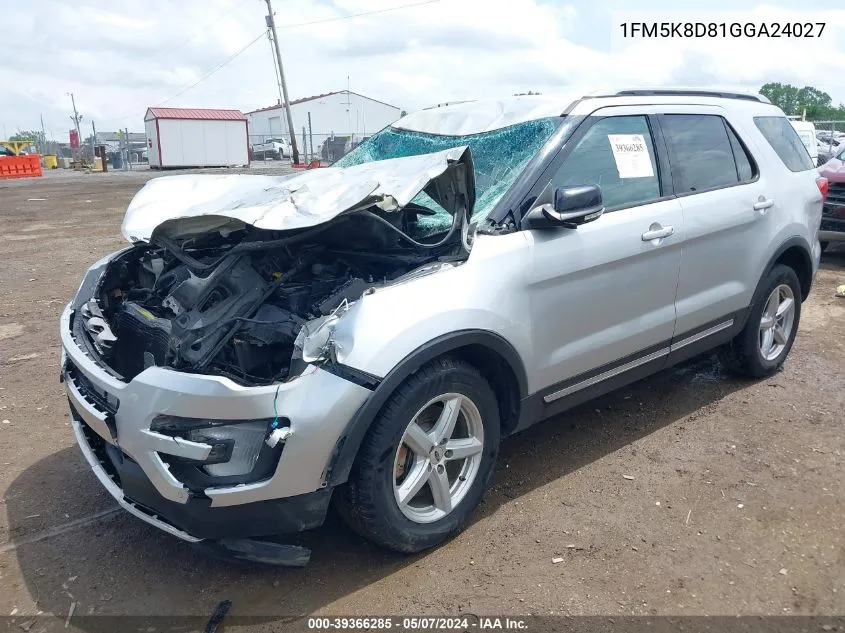 2016 Ford Explorer Xlt VIN: 1FM5K8D81GGA24027 Lot: 39366285