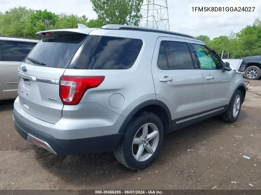 2016 Ford Explorer Xlt VIN: 1FM5K8D81GGA24027 Lot: 39366285