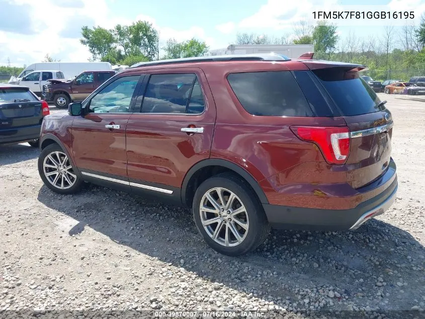 2016 Ford Explorer Limited VIN: 1FM5K7F81GGB16195 Lot: 39870007