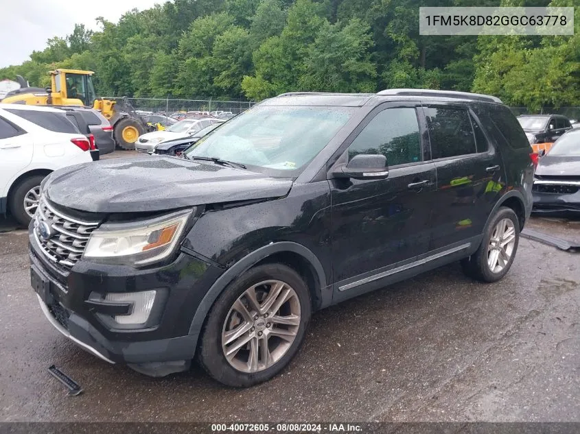 2016 Ford Explorer Xlt VIN: 1FM5K8D82GGC63778 Lot: 40072605