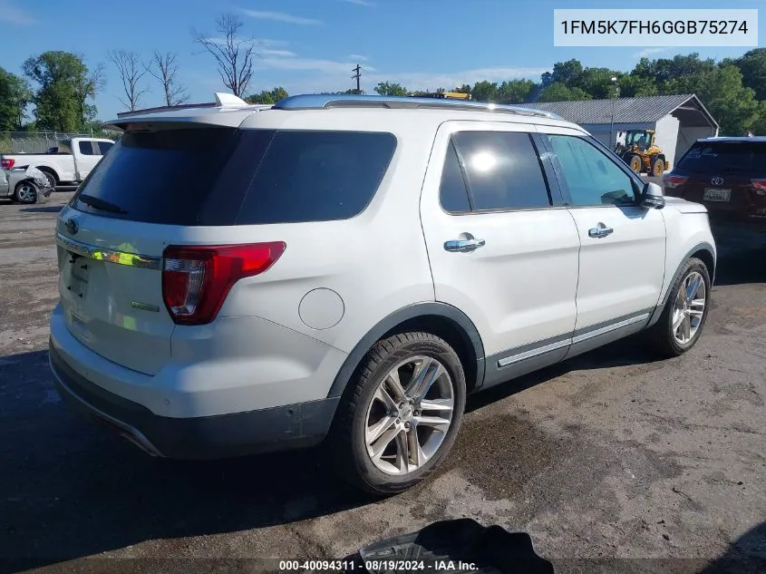 2016 Ford Explorer Limited VIN: 1FM5K7FH6GGB75274 Lot: 40094311