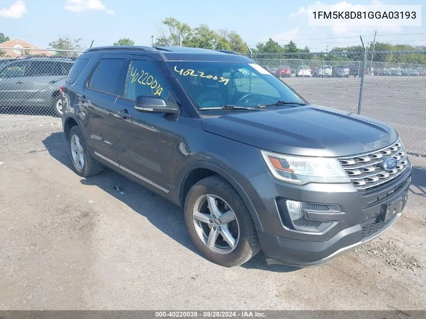 2016 Ford Explorer Xlt VIN: 1FM5K8D81GGA03193 Lot: 40220039