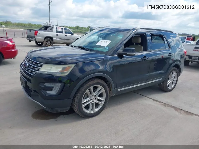 2016 Ford Explorer Xlt VIN: 1FM5K7D83GGD01612 Lot: 40326283