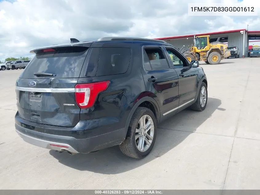 2016 Ford Explorer Xlt VIN: 1FM5K7D83GGD01612 Lot: 40326283