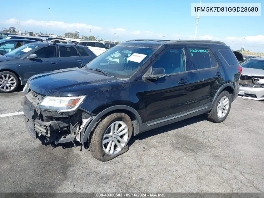 2016 Ford Explorer Xlt VIN: 1FM5K7D81GGD28680 Lot: 40350583