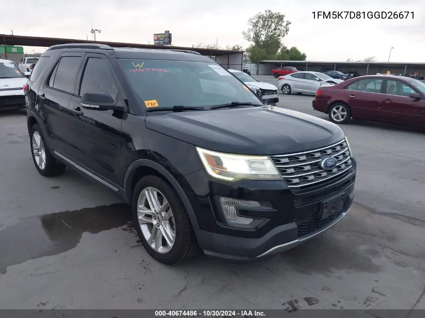 2016 Ford Explorer Xlt VIN: 1FM5K7D81GGD26671 Lot: 40674486