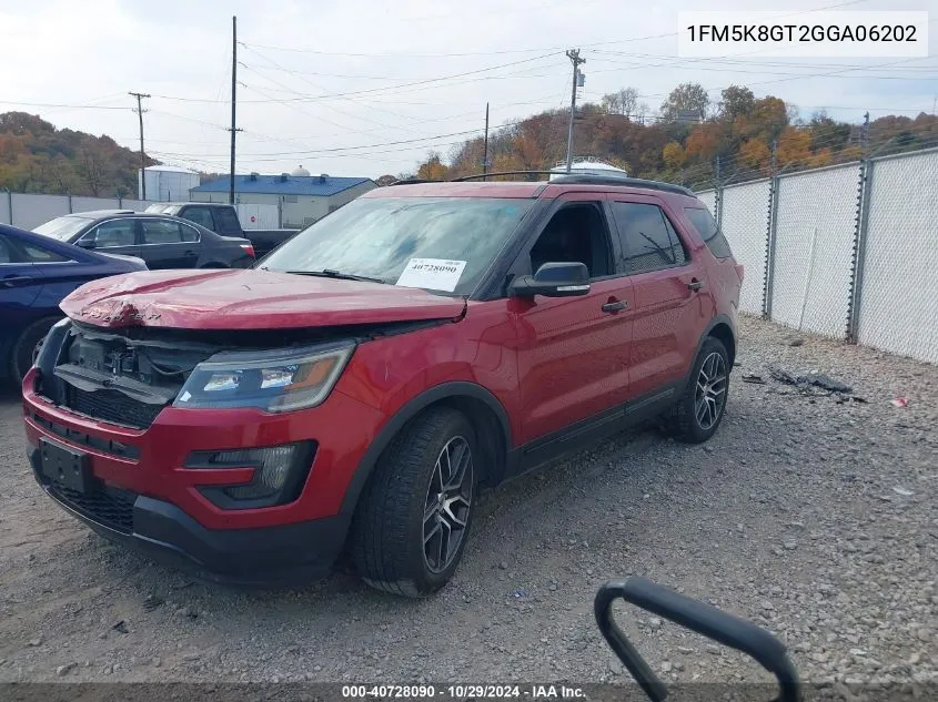 2016 Ford Explorer Sport VIN: 1FM5K8GT2GGA06202 Lot: 40728090