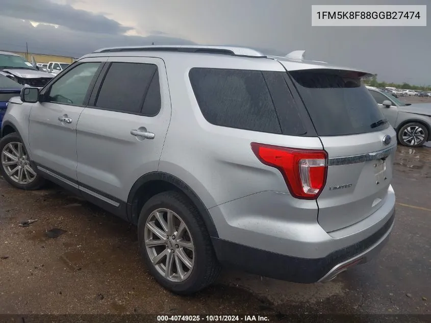 2016 Ford Explorer Limited VIN: 1FM5K8F88GGB27474 Lot: 40749025