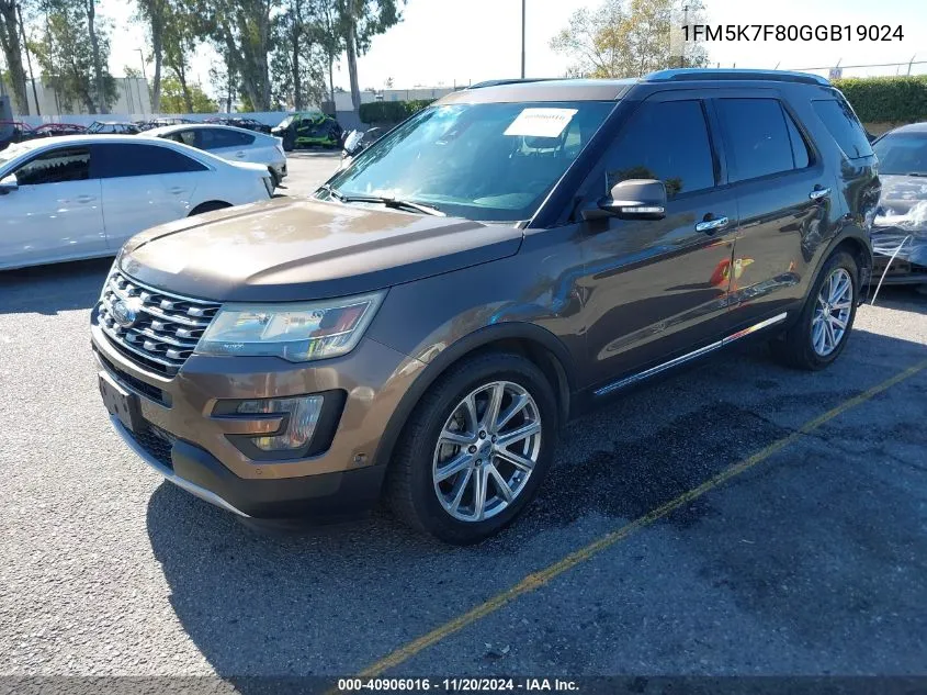 2016 Ford Explorer Limited VIN: 1FM5K7F80GGB19024 Lot: 40906016