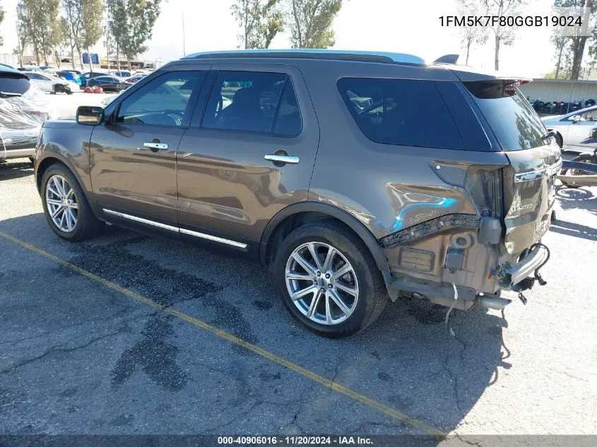 2016 Ford Explorer Limited VIN: 1FM5K7F80GGB19024 Lot: 40906016