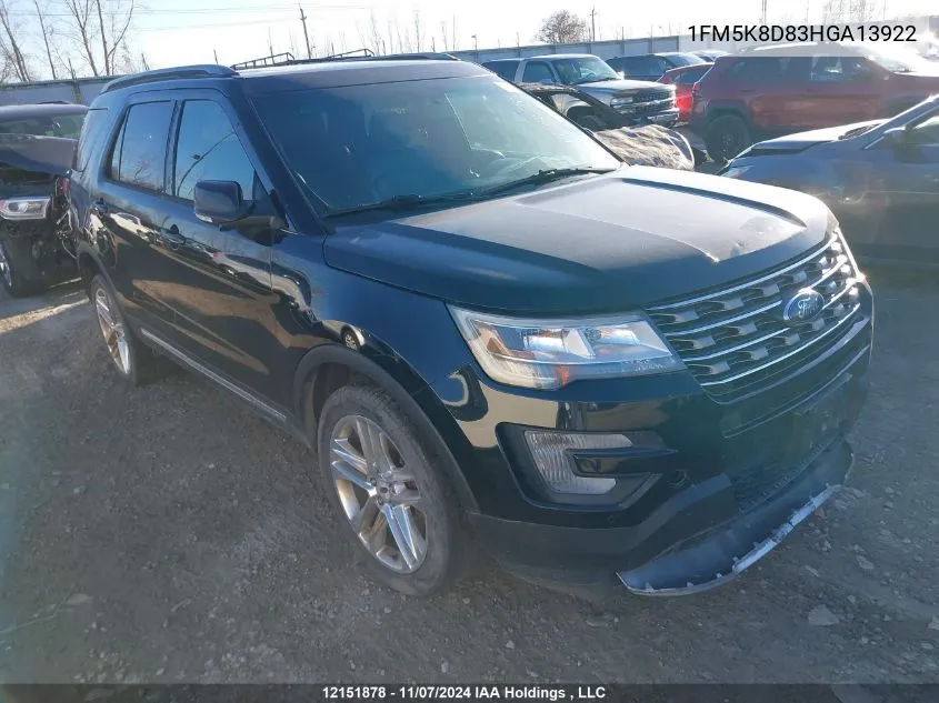 2017 Ford Explorer Xlt VIN: 1FM5K8D83HGA13922 Lot: 12151878