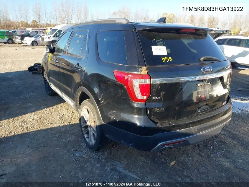 2017 Ford Explorer Xlt VIN: 1FM5K8D83HGA13922 Lot: 12151878