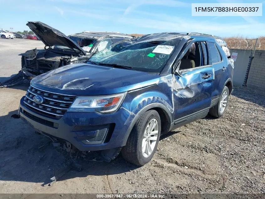 2017 Ford Explorer VIN: 1FM5K7B83HGE00337 Lot: 39677947