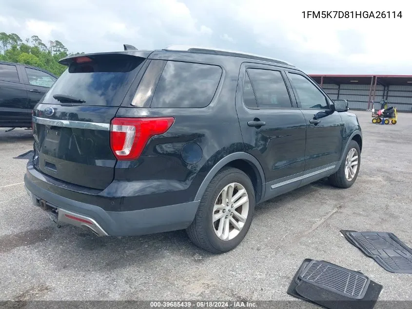 2017 Ford Explorer Xlt VIN: 1FM5K7D81HGA26114 Lot: 39685439