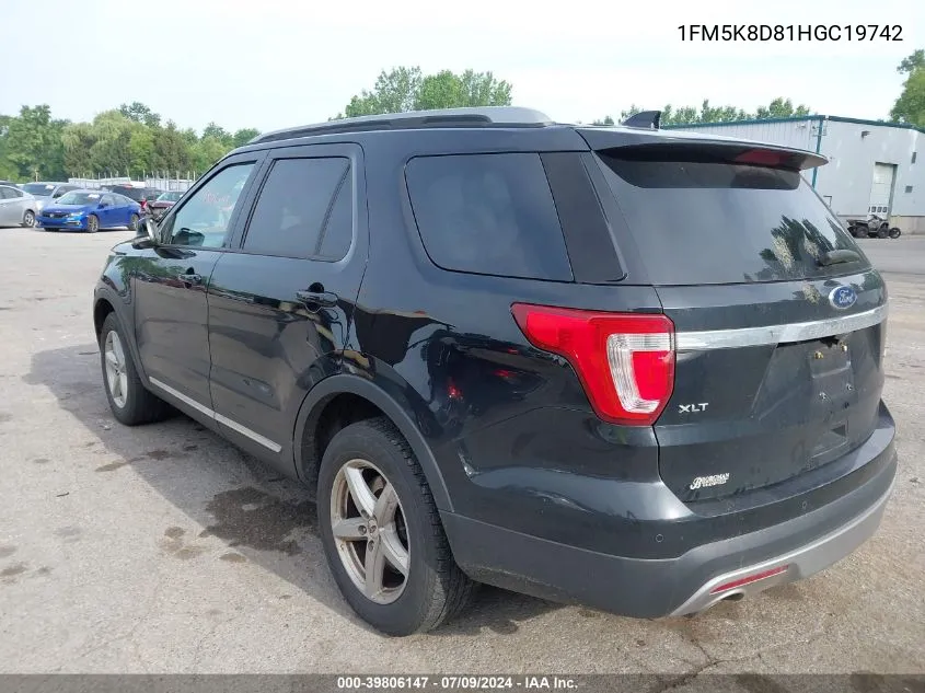 2017 Ford Explorer Xlt VIN: 1FM5K8D81HGC19742 Lot: 39806147