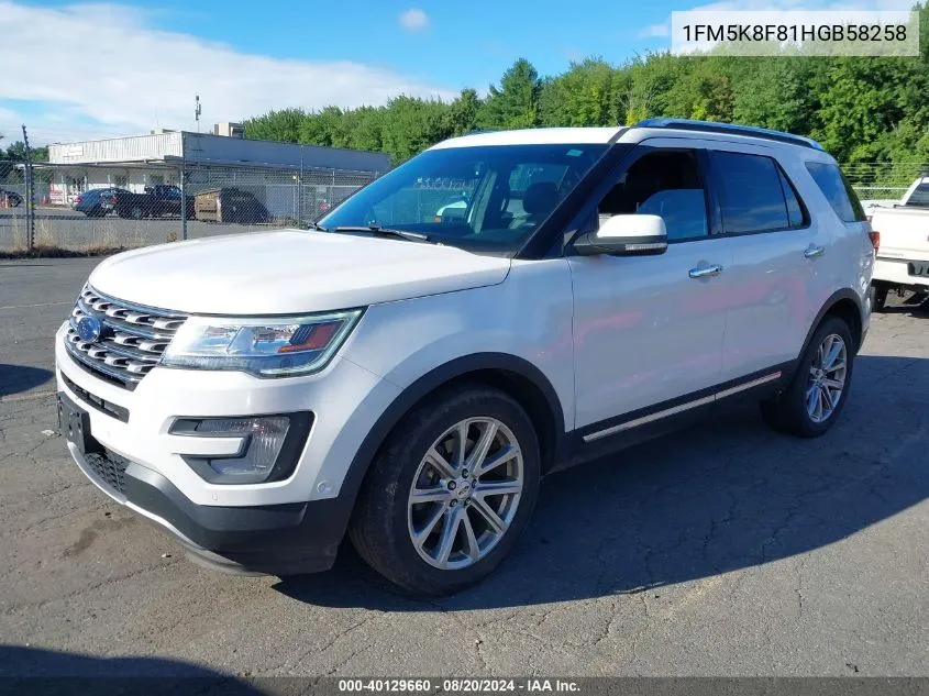 2017 Ford Explorer Limited VIN: 1FM5K8F81HGB58258 Lot: 40129660