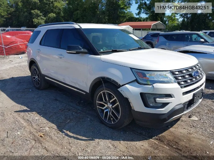 2017 Ford Explorer Xlt VIN: 1FM5K7D84HGB43251 Lot: 40196809