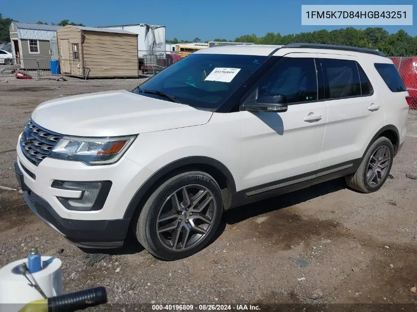 2017 Ford Explorer Xlt VIN: 1FM5K7D84HGB43251 Lot: 40196809