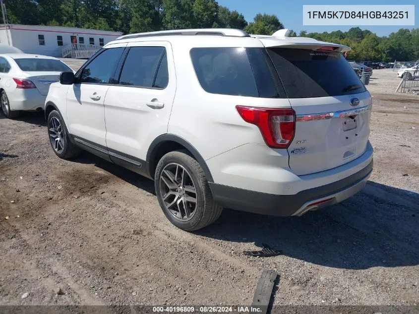 2017 Ford Explorer Xlt VIN: 1FM5K7D84HGB43251 Lot: 40196809