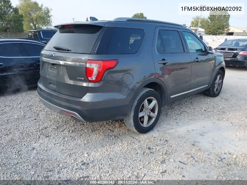 2017 Ford Explorer Xlt VIN: 1FM5K8D8XHGA02092 Lot: 40280342