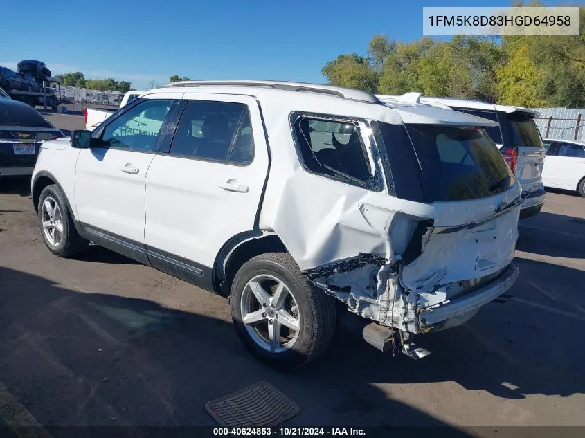 2017 Ford Explorer Xlt VIN: 1FM5K8D83HGD64958 Lot: 40624853